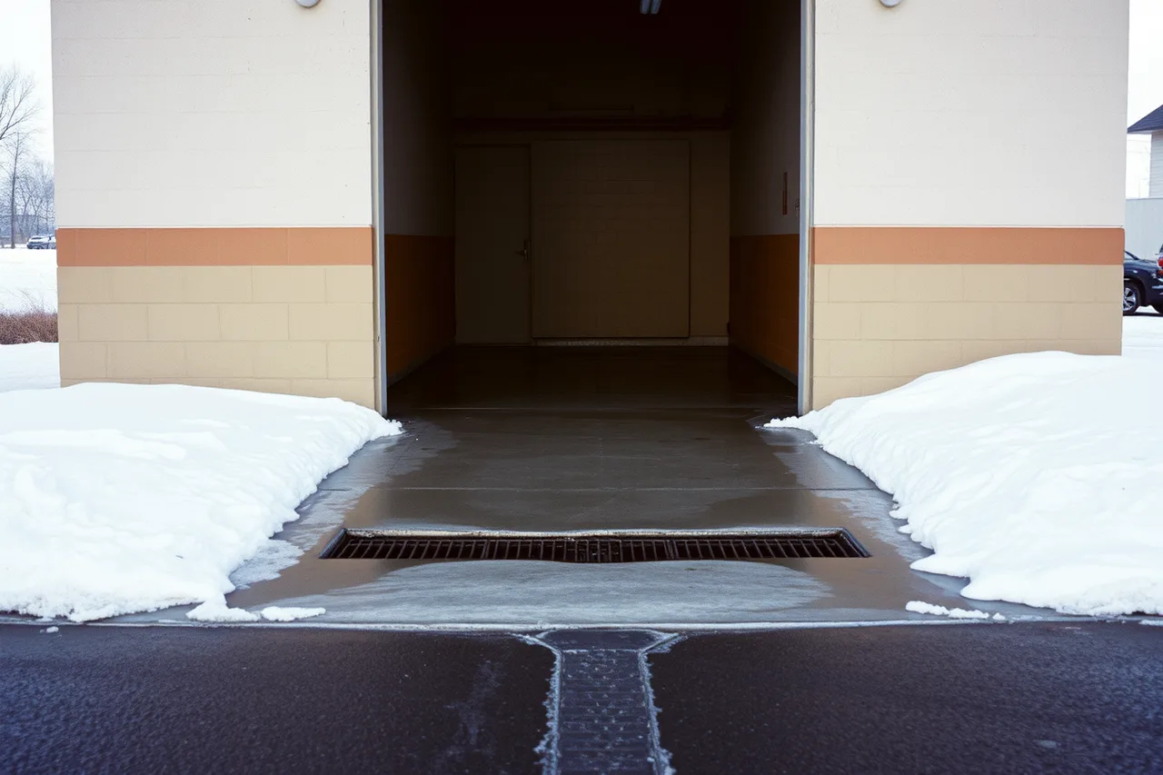 Sloped car wash apron shedding water away from the bay door (Canadian winter bay practice vs US northern car wash operations)