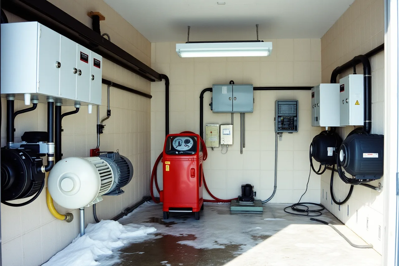 Heated sealed equipment room with pumps and control panels (Canadian winter bay practice vs US northern car wash operations)