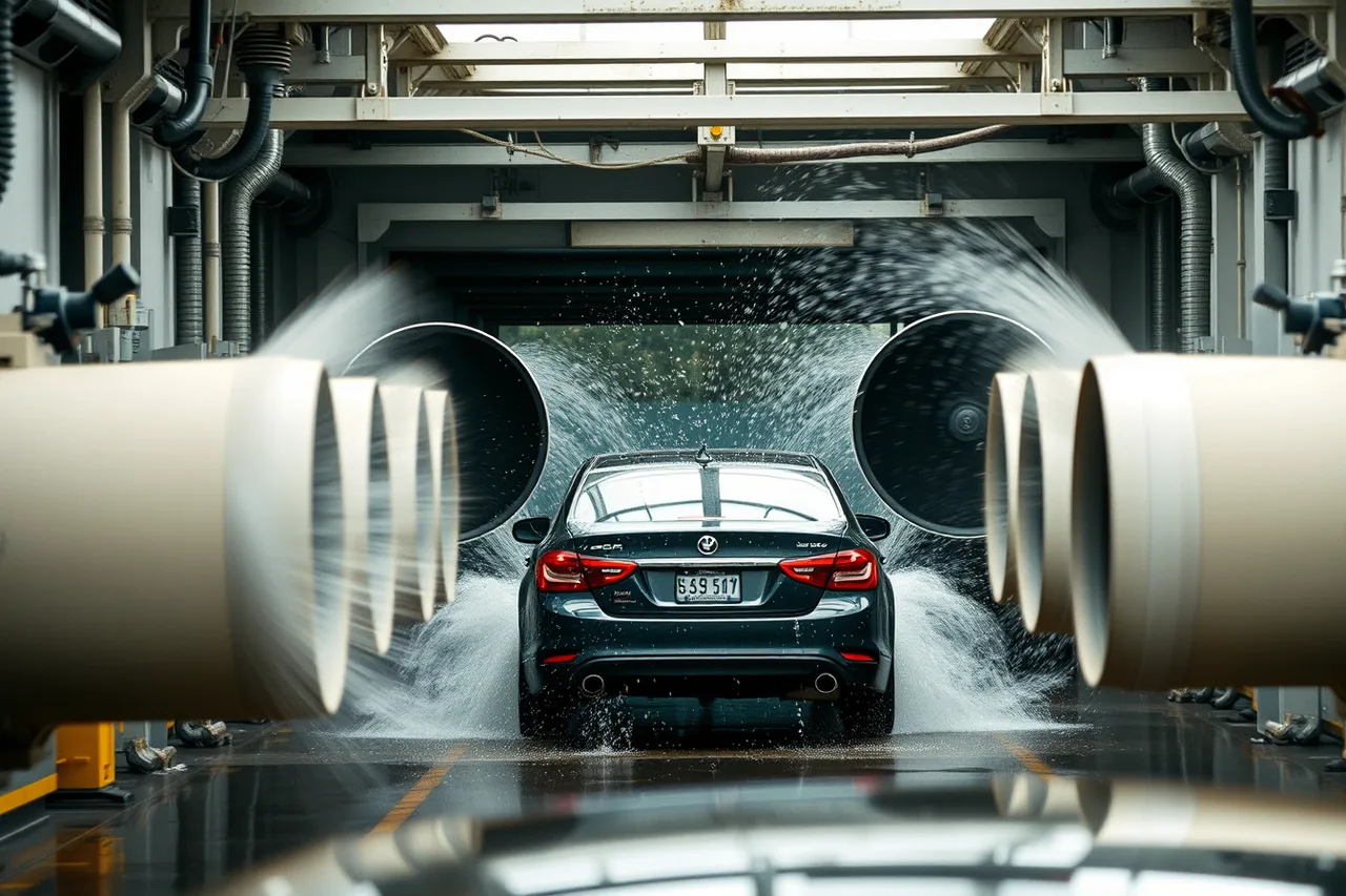 Blower bank drying a car in a wash tunnel (Car Wash Bay Throughput Calculation: Cars per Hour Benchmarks by Type)