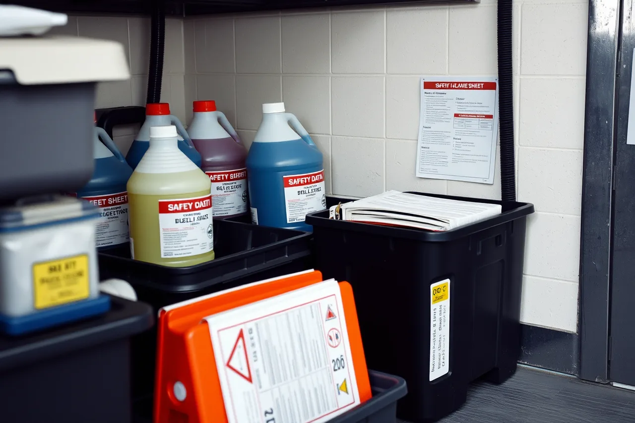 Labeled car wash chemicals in secondary containment with spill kit (Reading car wash licensing and compliance with a sceptical eye)