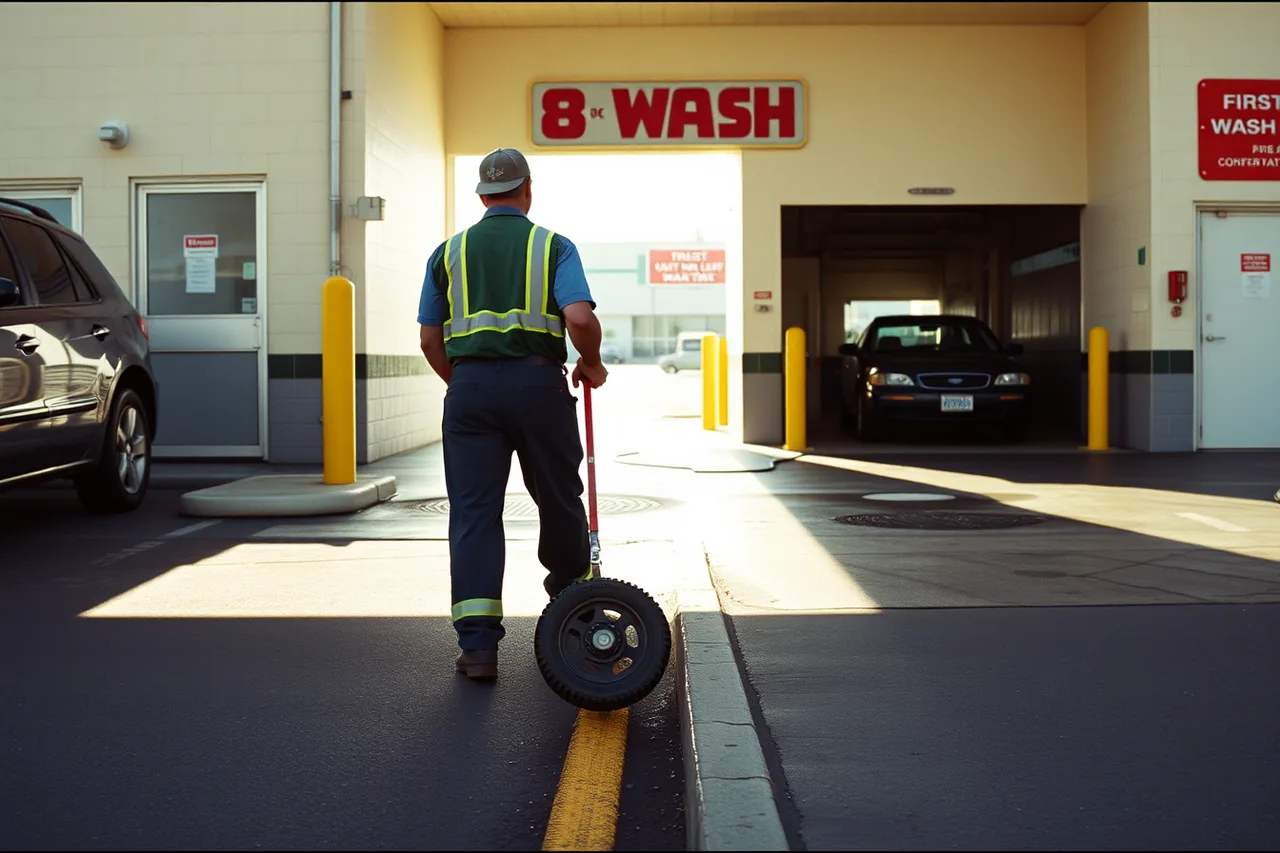 Worker measuring car wash lot entrance with wheel measure (Car Wash Lot Design for Faster Queue Flow: One Entrance, One Exit)