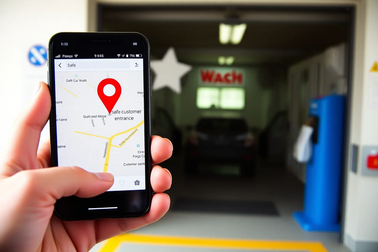 Smartphone map with pin at car wash customer entrance (Local SEO checklist for car washes in 2027: the parts worth your time)