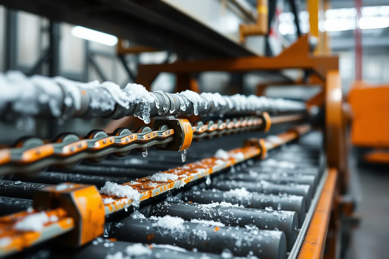 Corroded car wash conveyor rail and chain with salt residue (5 throughput problems Miami car washes face in rain and salt air)