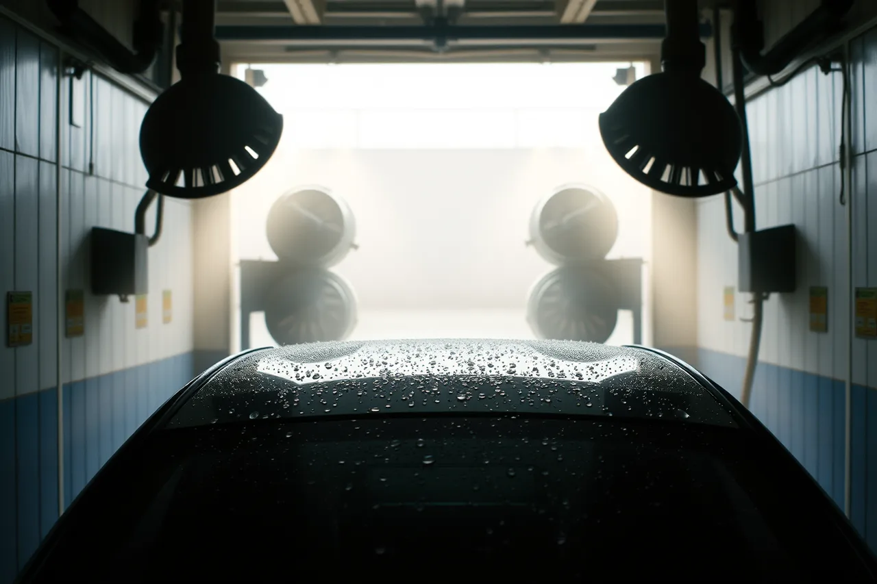 Blower nozzles drying a wet vehicle at car wash exit (5 throughput problems Miami car washes face in rain and salt air)