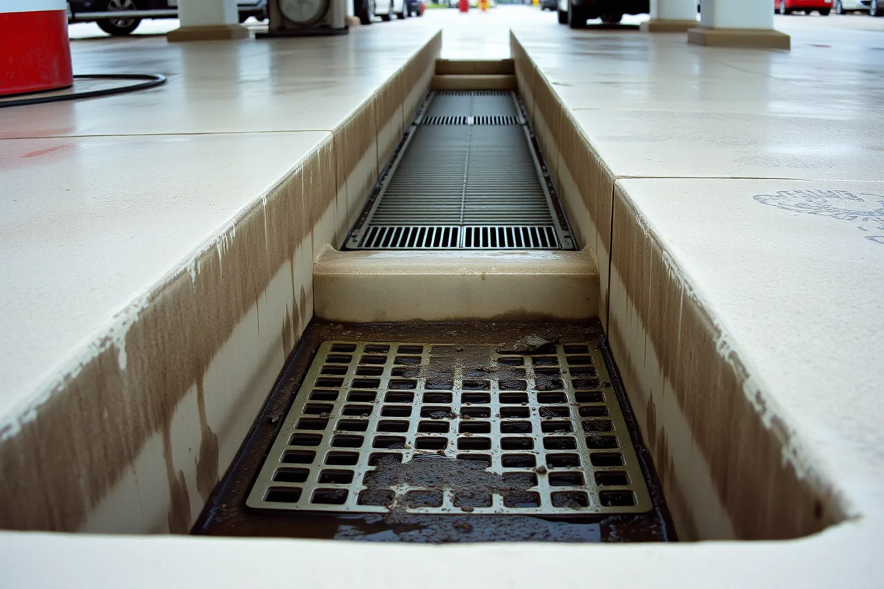 Car wash trench drain and oil-water separator with visible interceptor (What paperwork a car wash business needs to operate for a small operation)